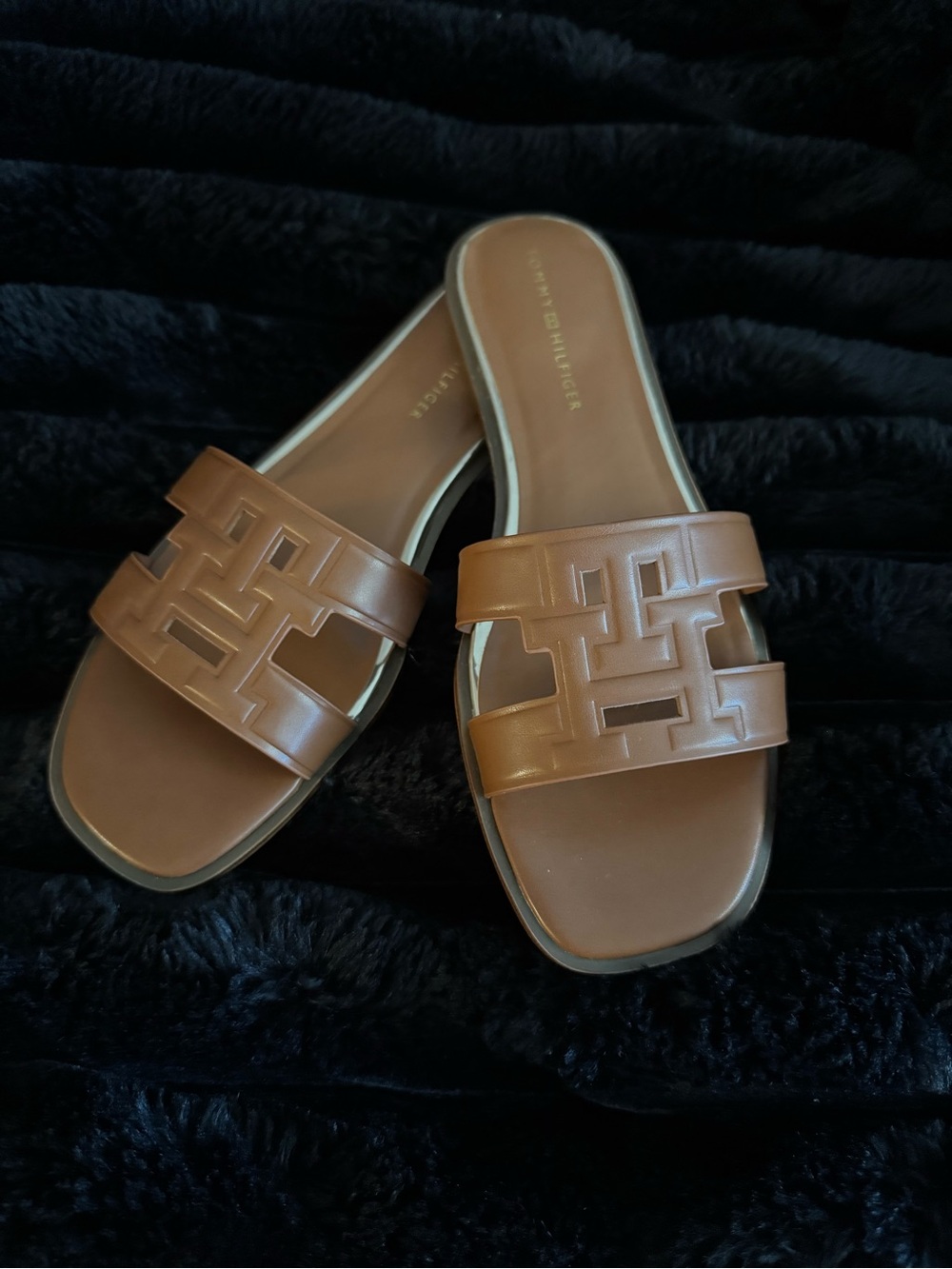 Tommy Hilfiger Brown Leather Cutout Slide Mules